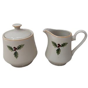 Merry Brite Creamer and Sugar Bowl Set Holly Berry Christmas Holiday Tea Service